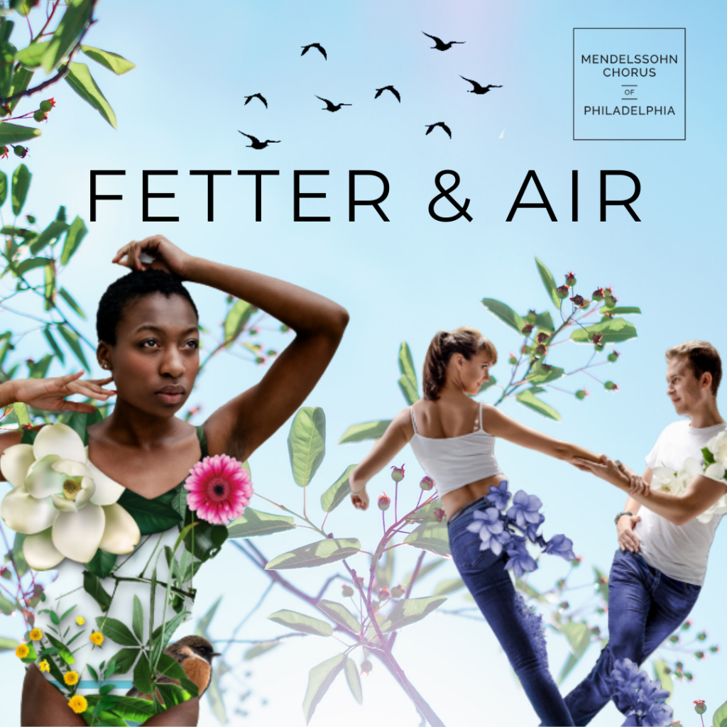 Image of a blue sky with birds and trees in the background, a collage of dancers decorated with flowers in the forefront
